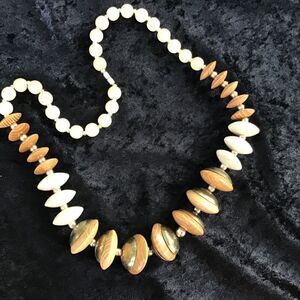 Wooden Disk Beaded Necklace Light Dark 23 Inch Barrel Clasp Retro Vintage
